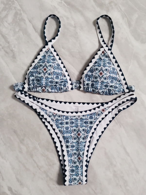 Bikini - Two Piece Set- Vacation Graphic Print Bandeau Wireless Bikini Set with Removable Padding- - Pekosa Women Clothing