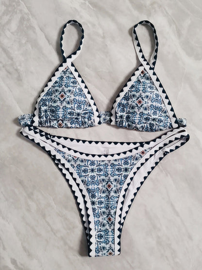 Bikini - Two Piece Set- Vacation Graphic Print Bandeau Wireless Bikini Set with Removable Padding- - Pekosa Women Clothing