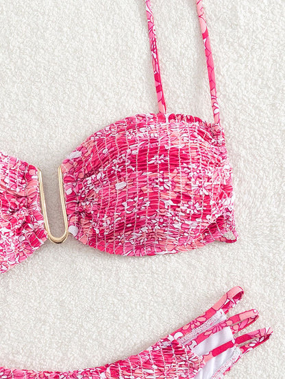 Bikini swimwear- Brazilian Smocked 2-Piece Bikini Set: Wireless V-Wired Bra, Mid-Waist Bottoms- - Pekosa Women Clothing