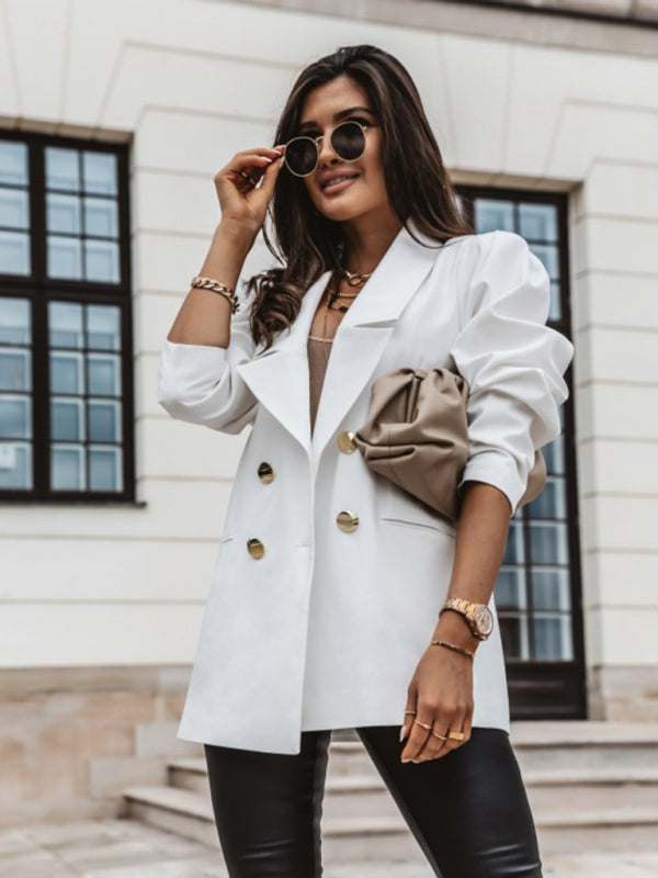 Blazers- Mid-Length Blazer | Double Breasted Business Casual Jacket- - Pekosa Women Clothing