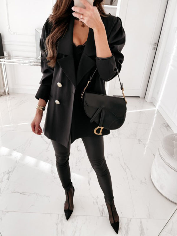 Blazers- Mid-Length Blazer | Double Breasted Business Casual Jacket- - Pekosa Women Clothing