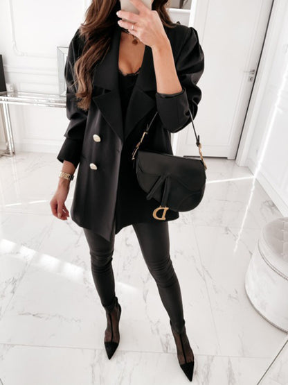 Blazers- Mid-Length Blazer | Double Breasted Business Casual Jacket- - Pekosa Women Clothing