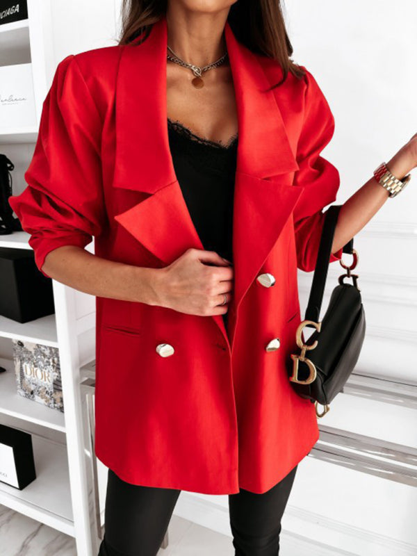 Blazers- Mid-Length Blazer | Double Breasted Business Casual Jacket- Red- Pekosa Women Clothing