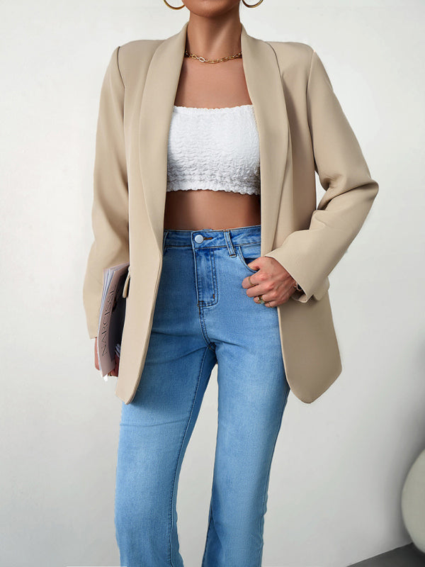 Blazers- Solid Open Front Shawl Lapels Blazer- - Pekosa Women Clothing