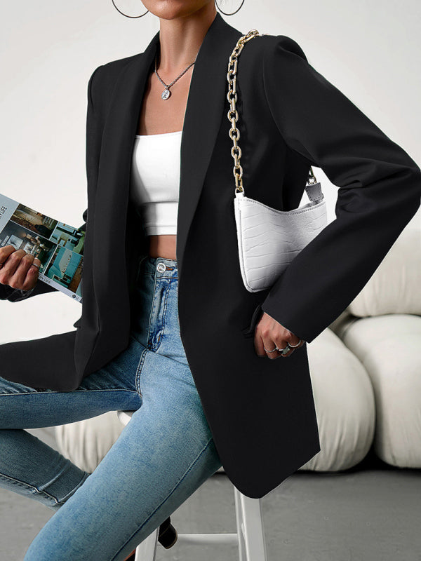 Blazers- Solid Open Front Shawl Lapels Blazer- - Pekosa Women Clothing