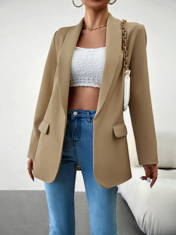 Blazers- Solid Open Front Shawl Lapels Blazer- - Pekosa Women Clothing