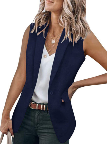 Blazers- Stylish Women's Light Single-Breasted Blazer - Sleeveless Jacket- Navy Blue- Pekosa Women Clothing