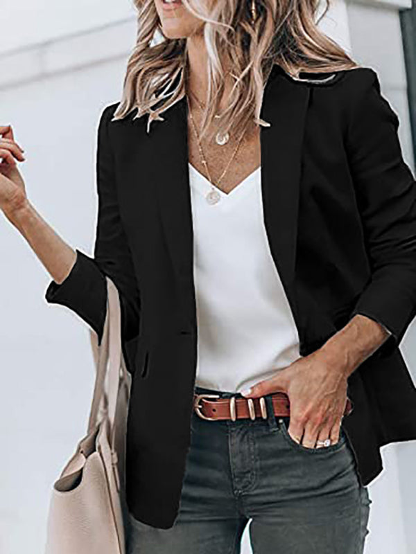 Blazers- Versatile Women's Notch Lapel Blazer: Casual to Office Wear- Black- Pekosa Women Clothing