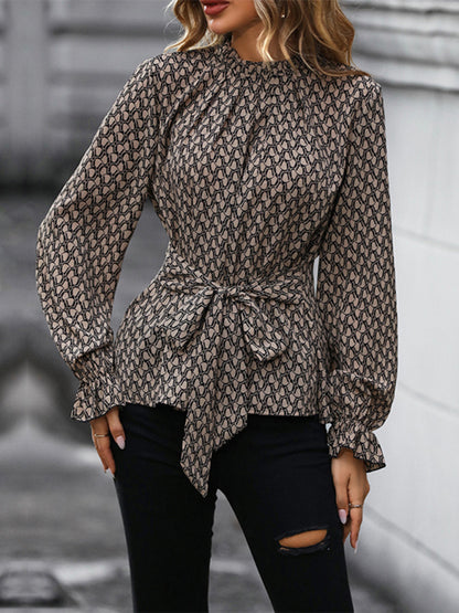 Blouses- Autumn Print Long Sleeve High Neck Bowknot Waist Blouse- Black- Pekosa Women Clothing