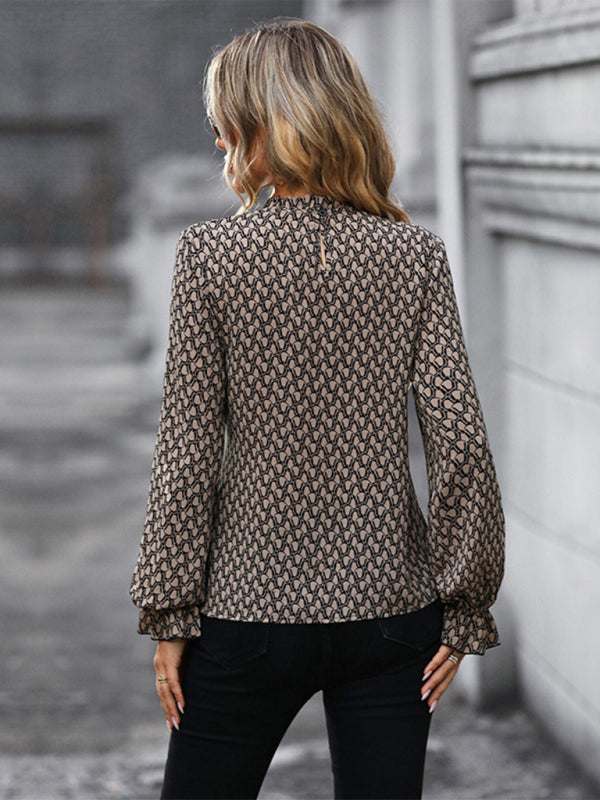 Blouses- Autumn Print Long Sleeve High Neck Bowknot Waist Blouse- - Pekosa Women Clothing
