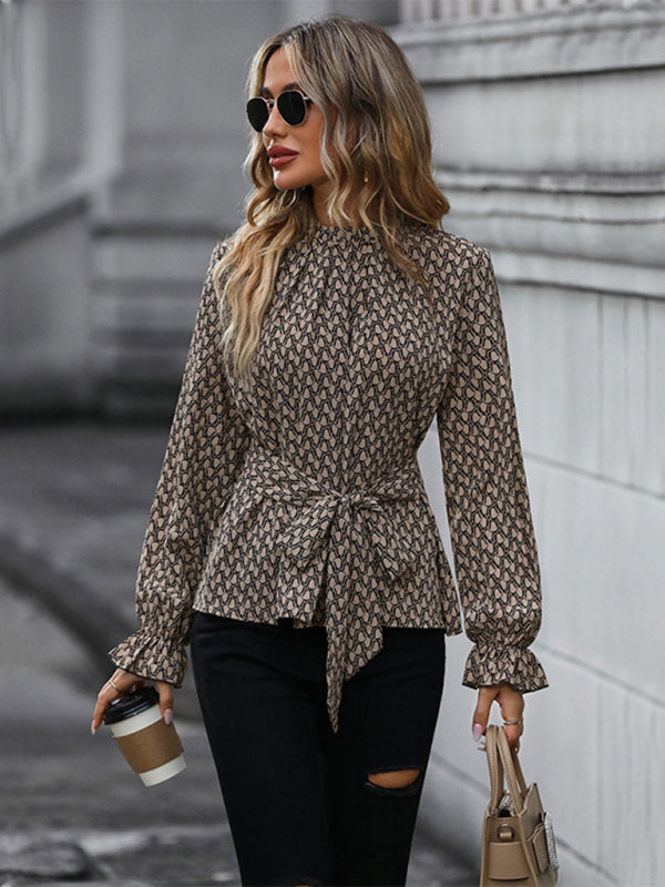 Blouses- Autumn Print Long Sleeve High Neck Bowknot Waist Blouse- - Pekosa Women Clothing