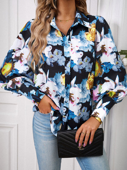Blouses- Button-Down Balloon Sleeve Shirt - Vibrant Floral Top- Blue- Pekosa Women Clothing