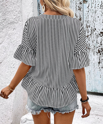 Blouses- Charm & Elegance: Stripy Print Ruffle Blouse - Button Down Peplum Top- - Pekosa Women Clothing