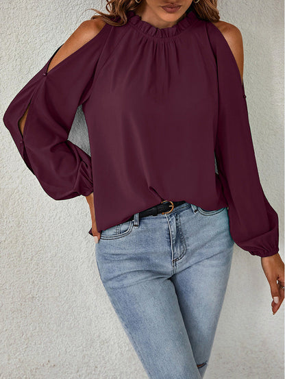Blouses- Cold Shoulder Blouse - Ruffle Neck, Long Sleeve & Keyhole Back Top- - Pekosa Women Clothing
