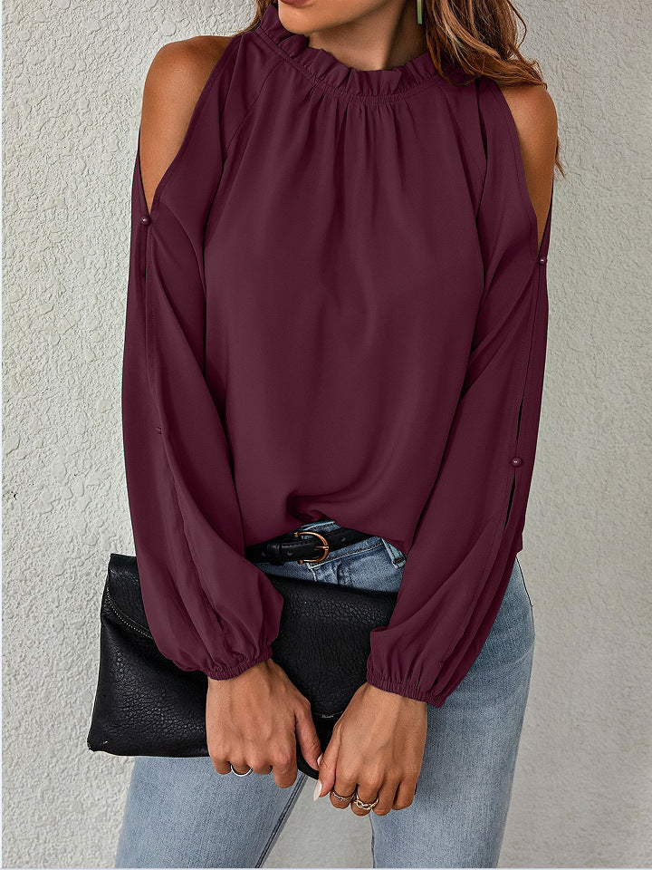 Blouses- Cold Shoulder Blouse - Ruffle Neck, Long Sleeve & Keyhole Back Top- - Pekosa Women Clothing