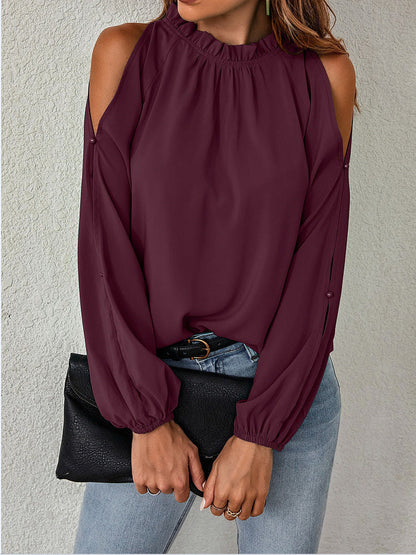 Blouses- Cold Shoulder Blouse - Ruffle Neck, Long Sleeve & Keyhole Back Top- - Pekosa Women Clothing