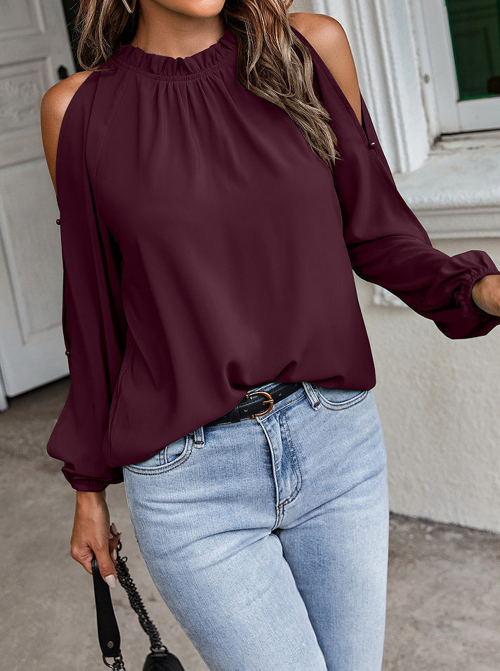 Blouses- Cold Shoulder Blouse - Ruffle Neck, Long Sleeve & Keyhole Back Top- - Pekosa Women Clothing