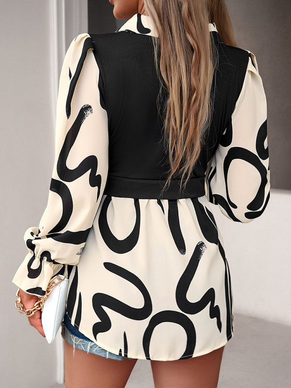 Blouses- Doll Collar Blouse | Color Block Long Sleeve Shirt- - Pekosa Women Clothing