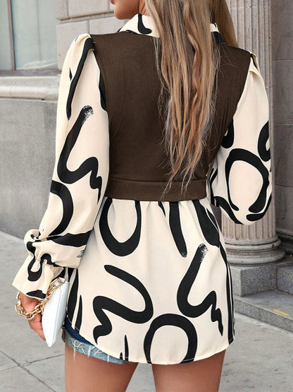 Blouses- Doll Collar Blouse | Color Block Long Sleeve Shirt- - Pekosa Women Clothing