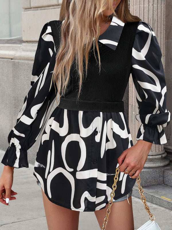Blouses- Doll Collar Blouse | Color Block Long Sleeve Shirt- - Pekosa Women Clothing