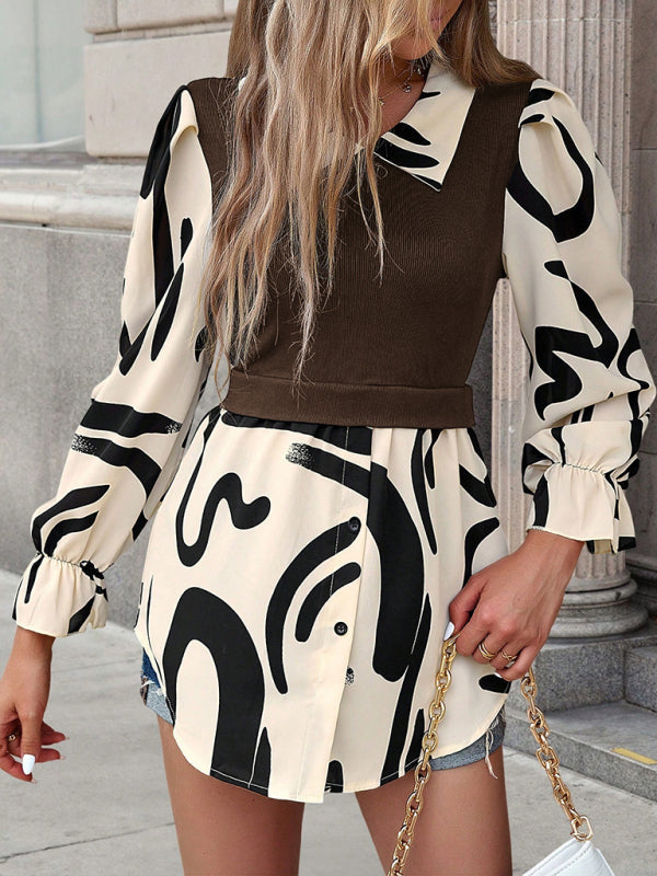 Blouses- Doll Collar Blouse | Color Block Long Sleeve Shirt- - Pekosa Women Clothing
