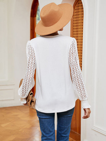 Blouses- Elegant Lace-Trimmed V-Neck Blouse with Bishop Long Sleeves- - Pekosa Women Clothing