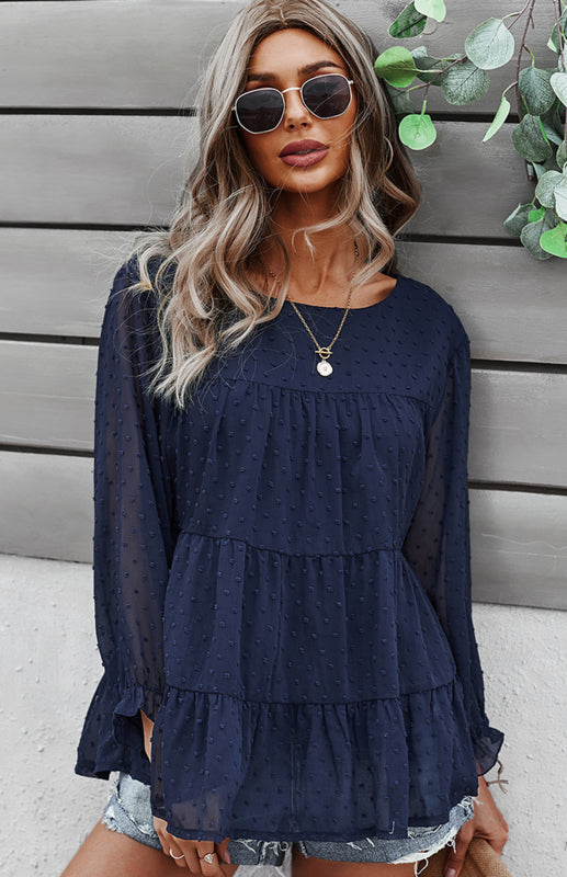 Blouses- Feminine Flair: Women's Swiss Dot Jacquard Tiered Ruffle Blouse - Top- Navy blue- Pekosa Women Clothing