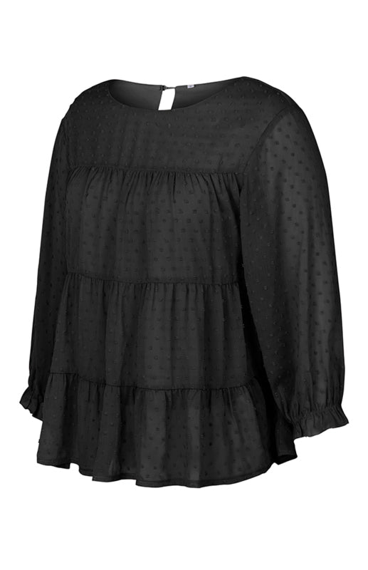 Blouses- Feminine Flair: Women's Swiss Dot Jacquard Tiered Ruffle Blouse - Top- - Pekosa Women Clothing