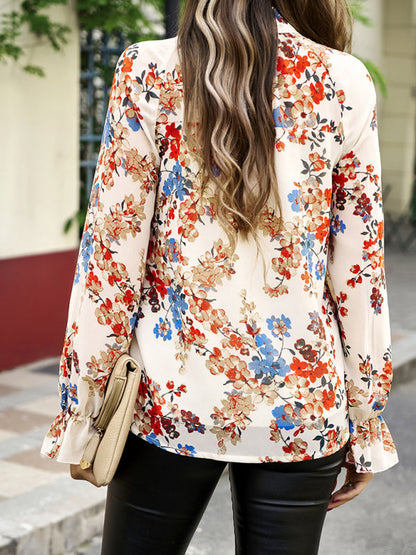Blouses- Floral Elegance: Tunic Top with Stand Ruffle Neck - For Any Occasion!- - Pekosa Women Clothing