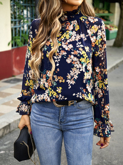 Blouses- Floral Elegance: Tunic Top with Stand Ruffle Neck - For Any Occasion!- - Pekosa Women Clothing
