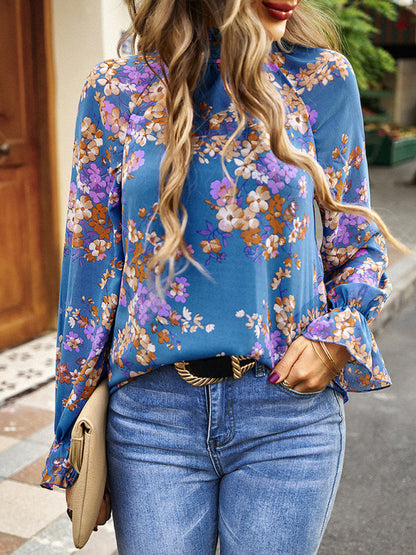 Blouses- Floral Elegance: Tunic Top with Stand Ruffle Neck - For Any Occasion!- Blue- Pekosa Women Clothing