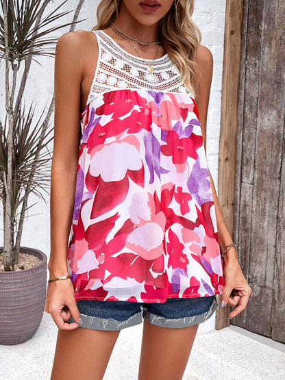 Blouses- Floral Print Sleeveless Crewneck Top in Floral Print- - Pekosa Women Clothing