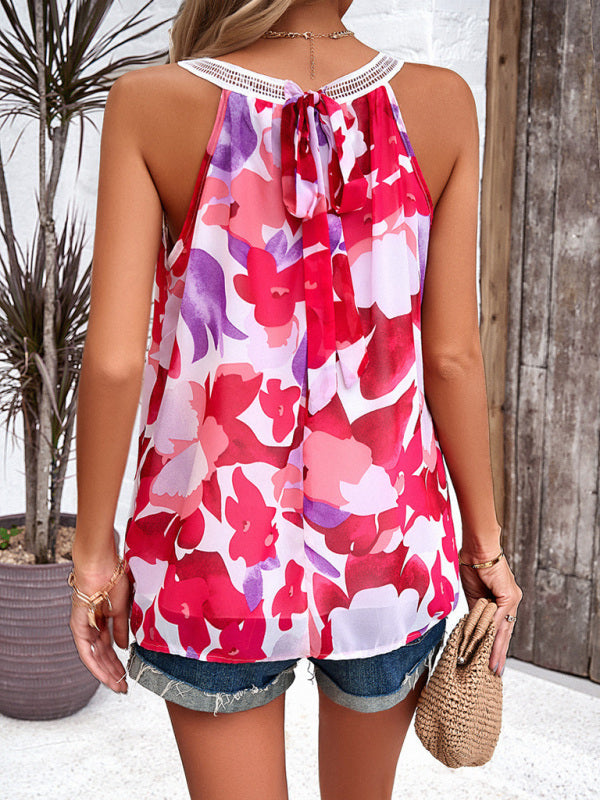 Blouses- Floral Print Sleeveless Crewneck Top in Floral Print- - Pekosa Women Clothing