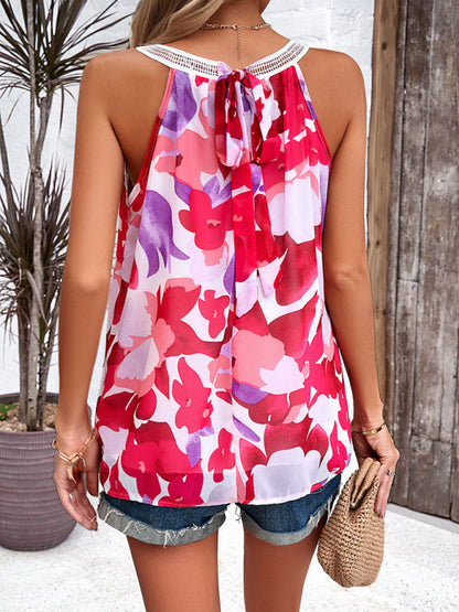 Blouses- Floral Print Sleeveless Crewneck Top in Floral Print- - Pekosa Women Clothing