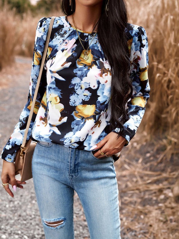 Blouses- Floral Puff Long Sleeve V-open Back Blouse- - Pekosa Women Clothing