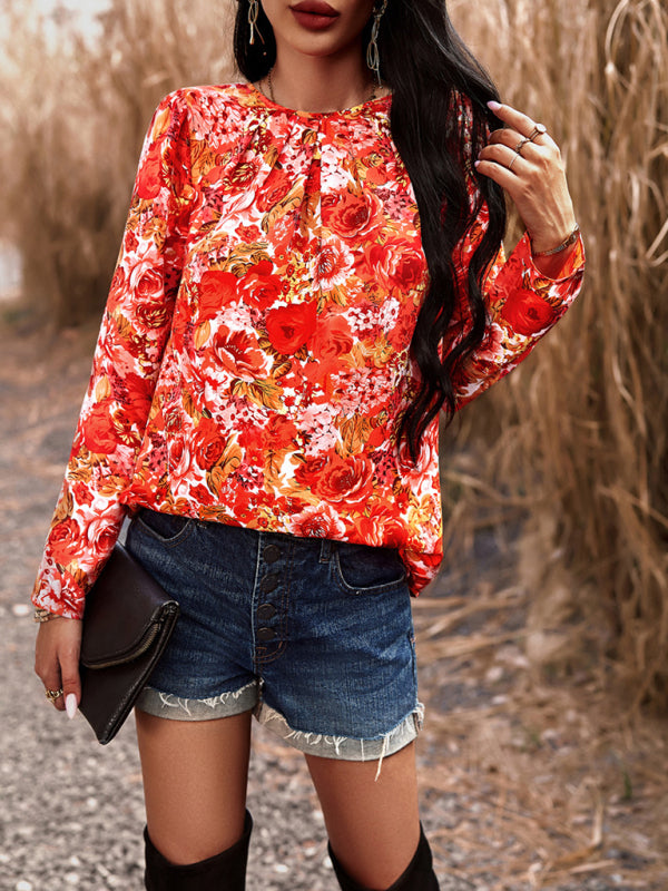 Blouses- Floral Puff Long Sleeve V-open Back Blouse- - Pekosa Women Clothing