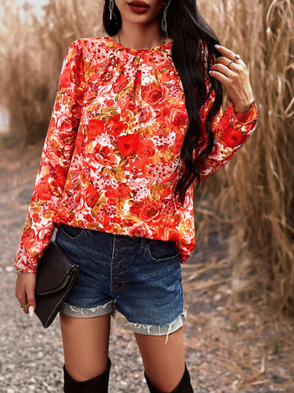 Blouses- Floral Puff Long Sleeve V-open Back Blouse- - Pekosa Women Clothing