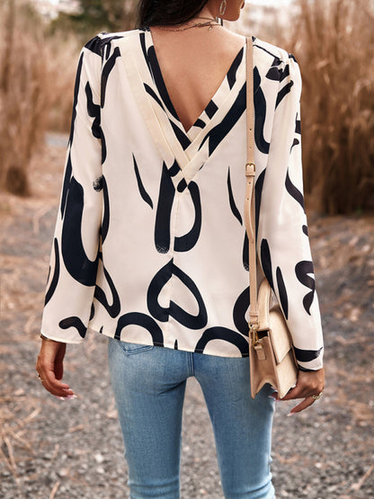 Blouses- Floral Puff Long Sleeve V-open Back Blouse- - Pekosa Women Clothing