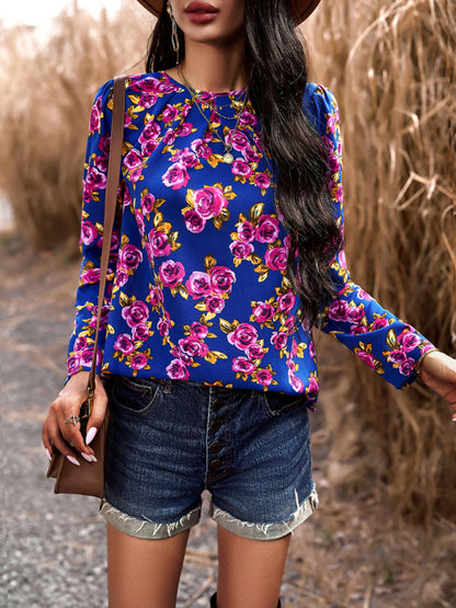 Blouses- Floral Puff Long Sleeve V-open Back Blouse- - Pekosa Women Clothing