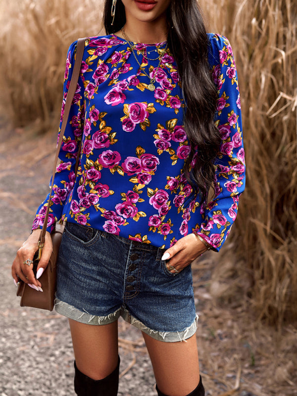 Blouses- Floral Puff Long Sleeve V-open Back Blouse- Blue- Pekosa Women Clothing