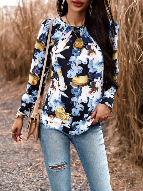 Blouses- Floral Puff Long Sleeve V-open Back Blouse- - Pekosa Women Clothing