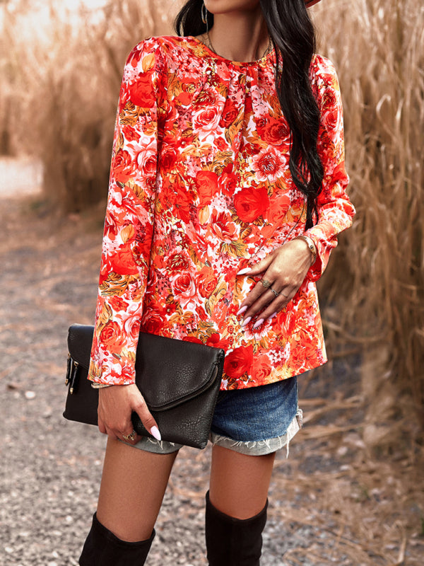 Blouses- Floral Puff Long Sleeve V-open Back Blouse- - Pekosa Women Clothing