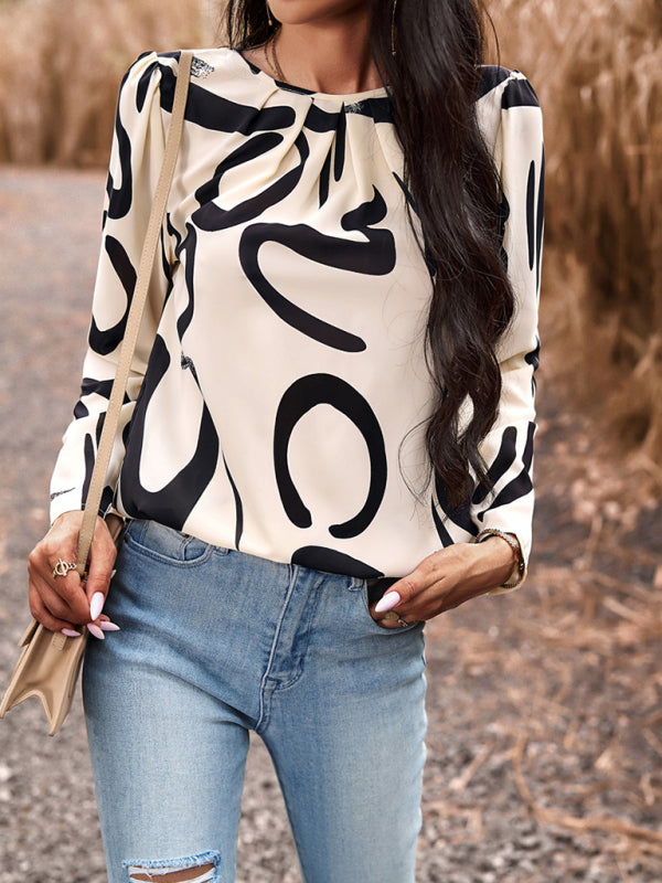 Blouses- Floral Puff Long Sleeve V-open Back Blouse- - Pekosa Women Clothing