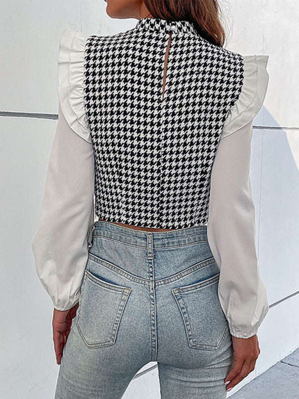 Blouses- Houndstooth Frill Long Sleeve Crop Top - Blouse- - Pekosa Women Clothing