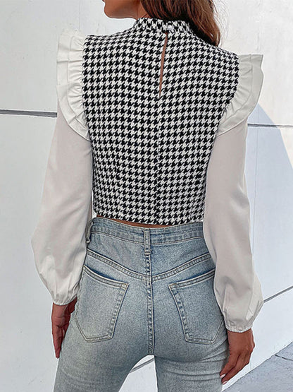 Blouses- Houndstooth Frill Long Sleeve Crop Top - Blouse- - Pekosa Women Clothing