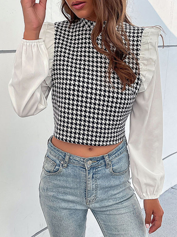 Blouses- Houndstooth Frill Long Sleeve Crop Top - Blouse- - Pekosa Women Clothing