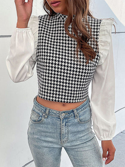 Blouses- Houndstooth Frill Long Sleeve Crop Top - Blouse- - Pekosa Women Clothing
