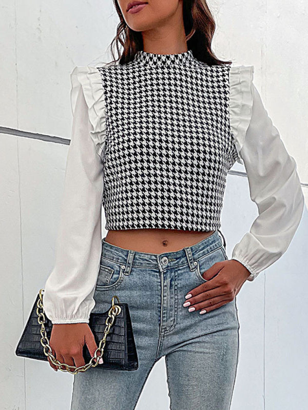 Blouses- Houndstooth Frill Long Sleeve Crop Top - Blouse- - Pekosa Women Clothing