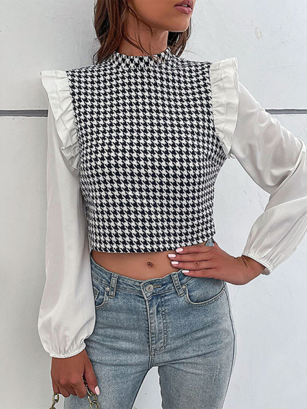 Blouses- Houndstooth Frill Long Sleeve Crop Top - Blouse- - Pekosa Women Clothing