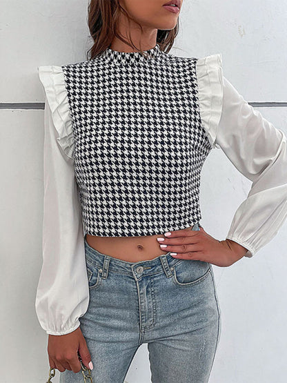 Blouses- Houndstooth Frill Long Sleeve Crop Top - Blouse- - Pekosa Women Clothing